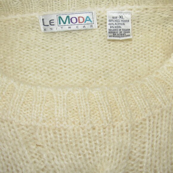 Vintage 80-90s Le Moda Ivory Mohair Wool Furry Cable Knit Sweater Women's sz XL - Picture 3 of 4